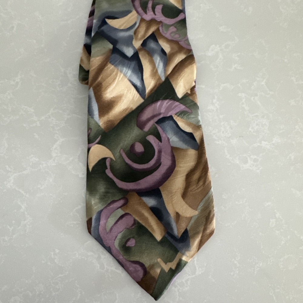 J. Garcia Men's Tie 100% Silks Abstract‎ Art  Green Gold Purple - Picture 2 of 6